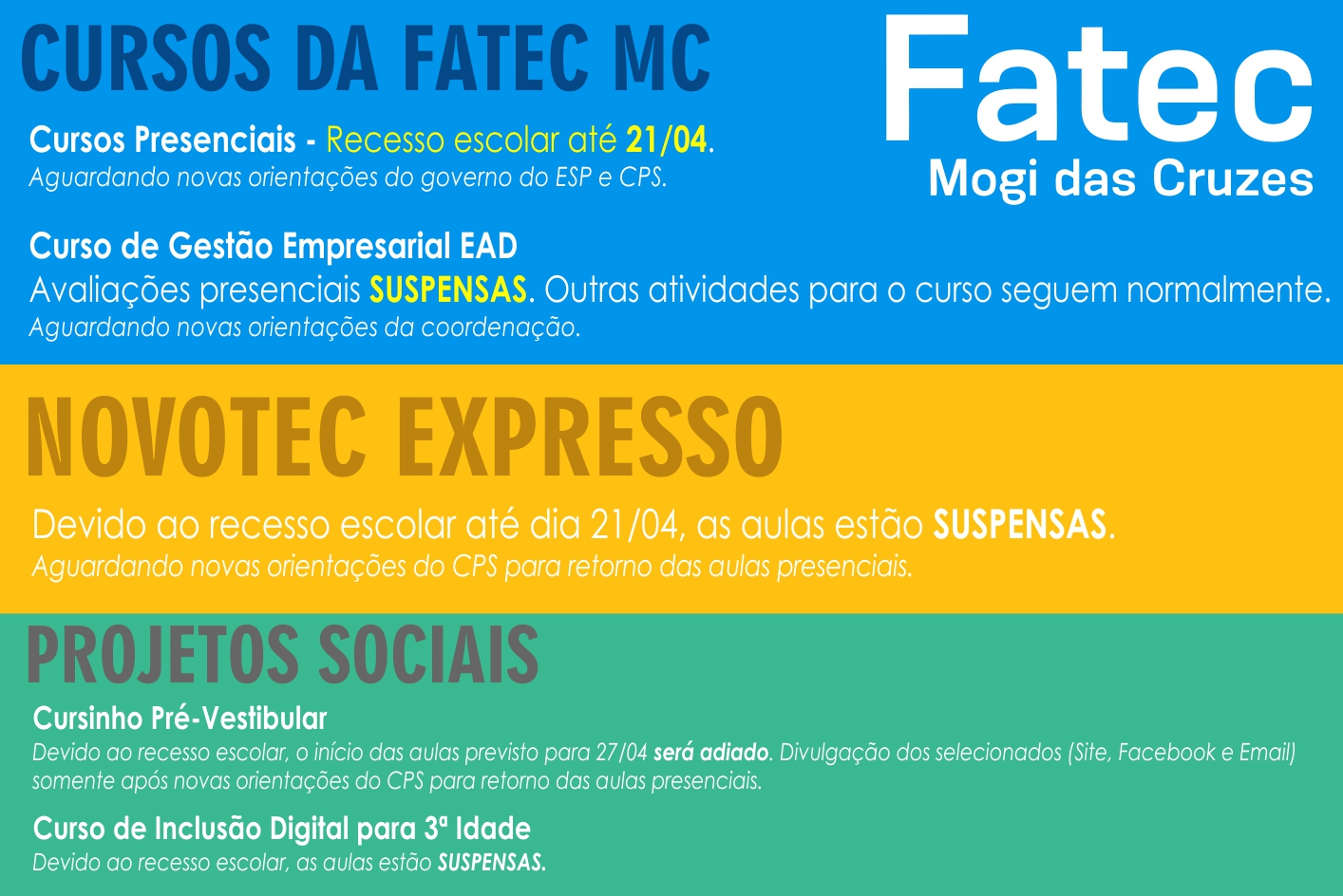 Imagem mostrando informações sobre as atividades letiva da FATEC MC.